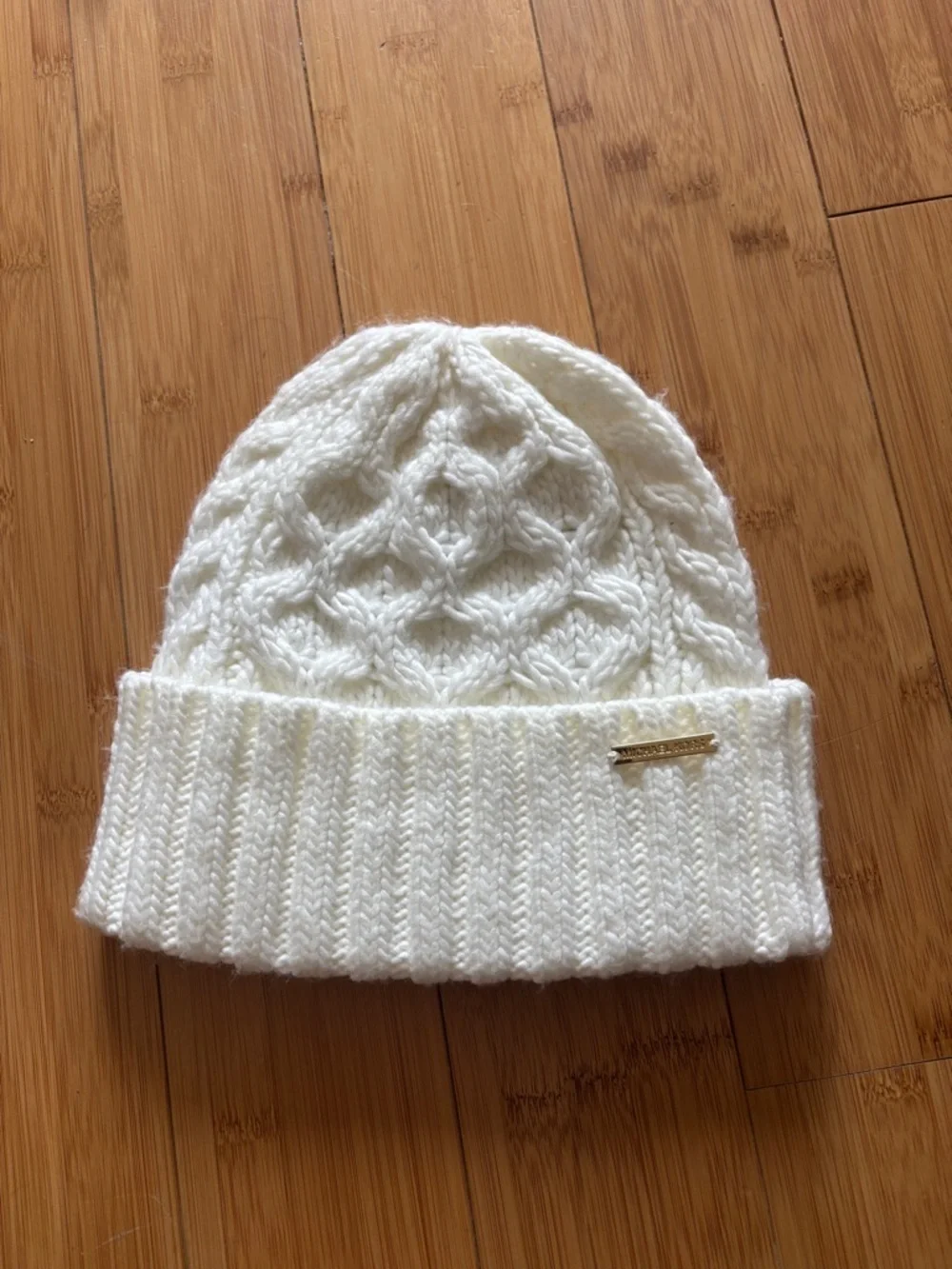 Michael Kors Cream Cable-Knit Beanie with Gold Logo Plaque